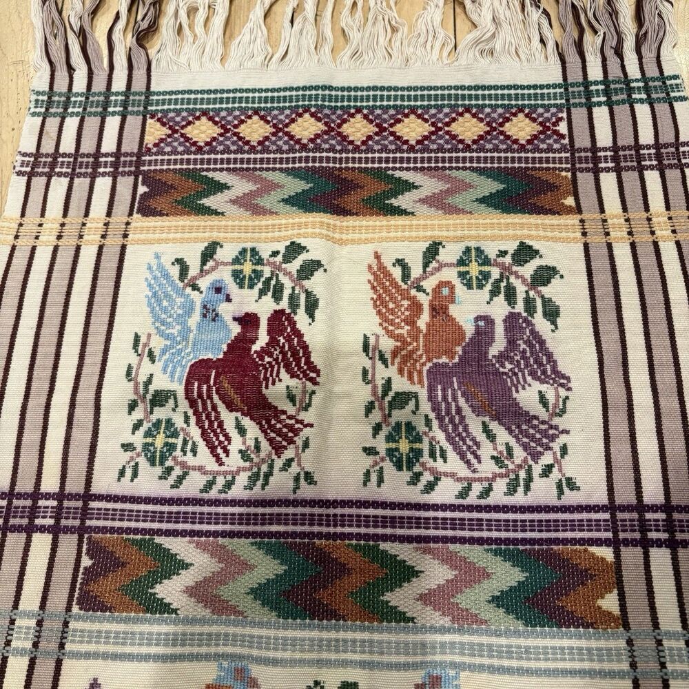 Handwoven Guatemalan Cotton Table Runner Quetzal Bird Design Textile Wall Art - Picture 6 of 14